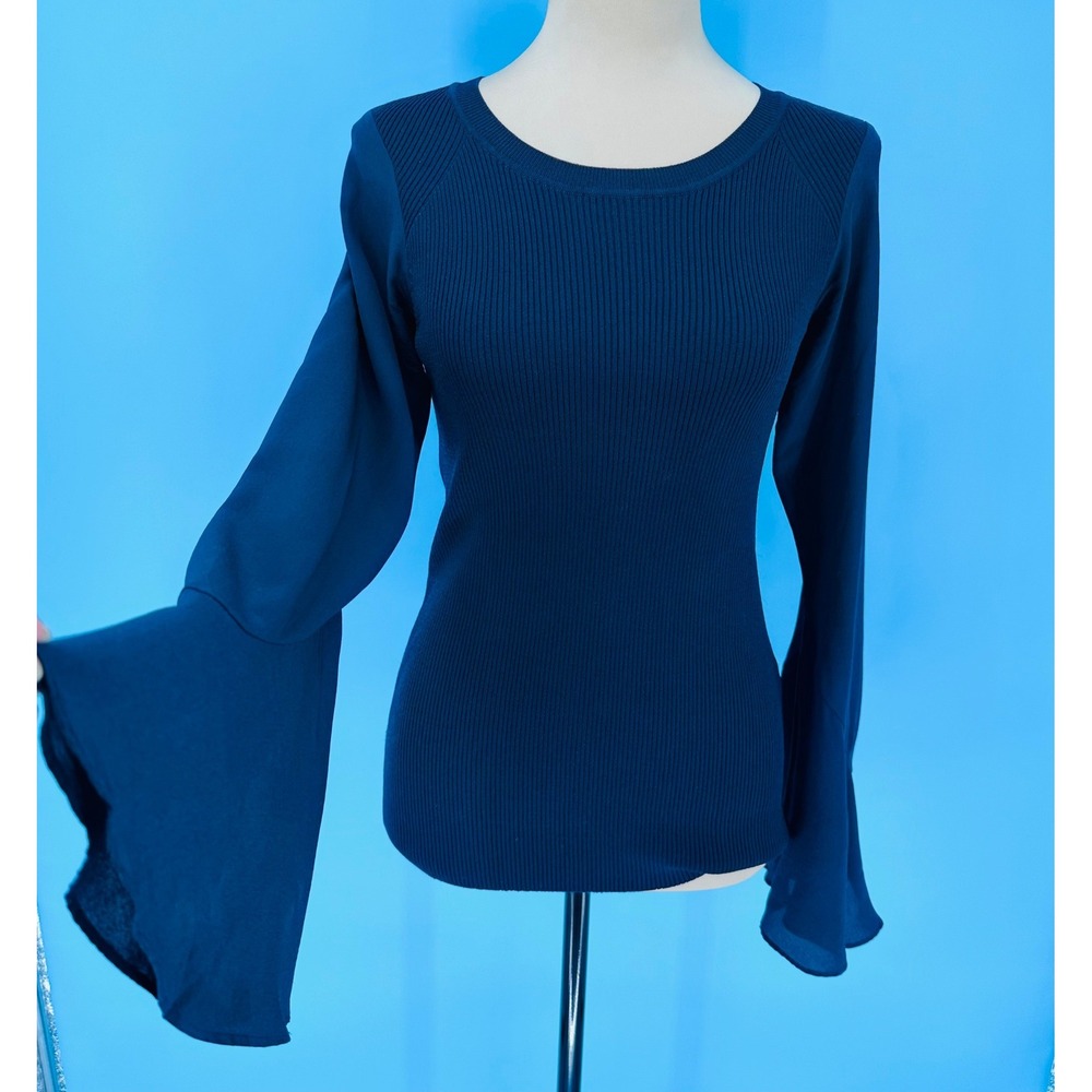 Sandro Paris Navy Blue Ribbed Knit Bell Sleeve Mixed Media Top Crew Neck Womens